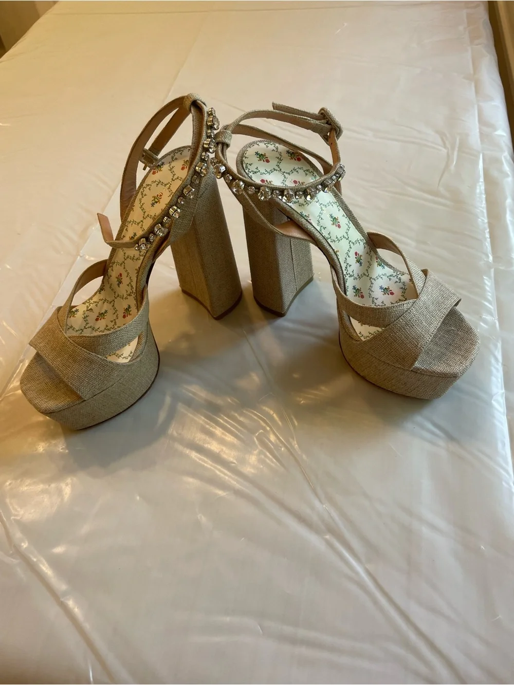 Hill House Women's Champagne Platform Sandals with Jeweled Ankle Strap